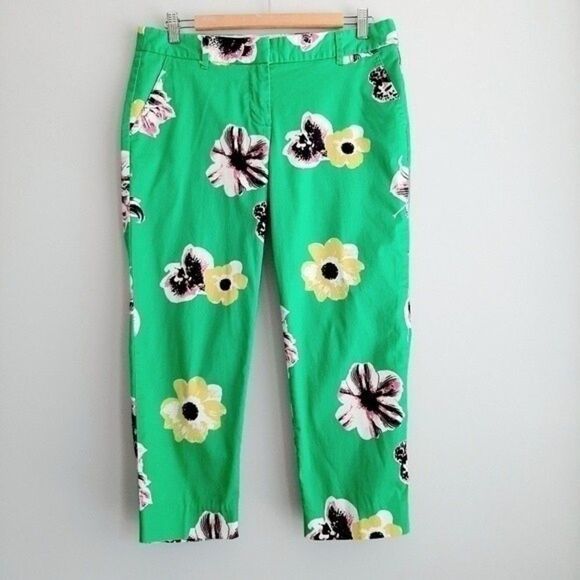 J. CREW Factory Green Floral Pants Ankle Crop Skimmer Sz 10 Petite - Picture 2 of 13